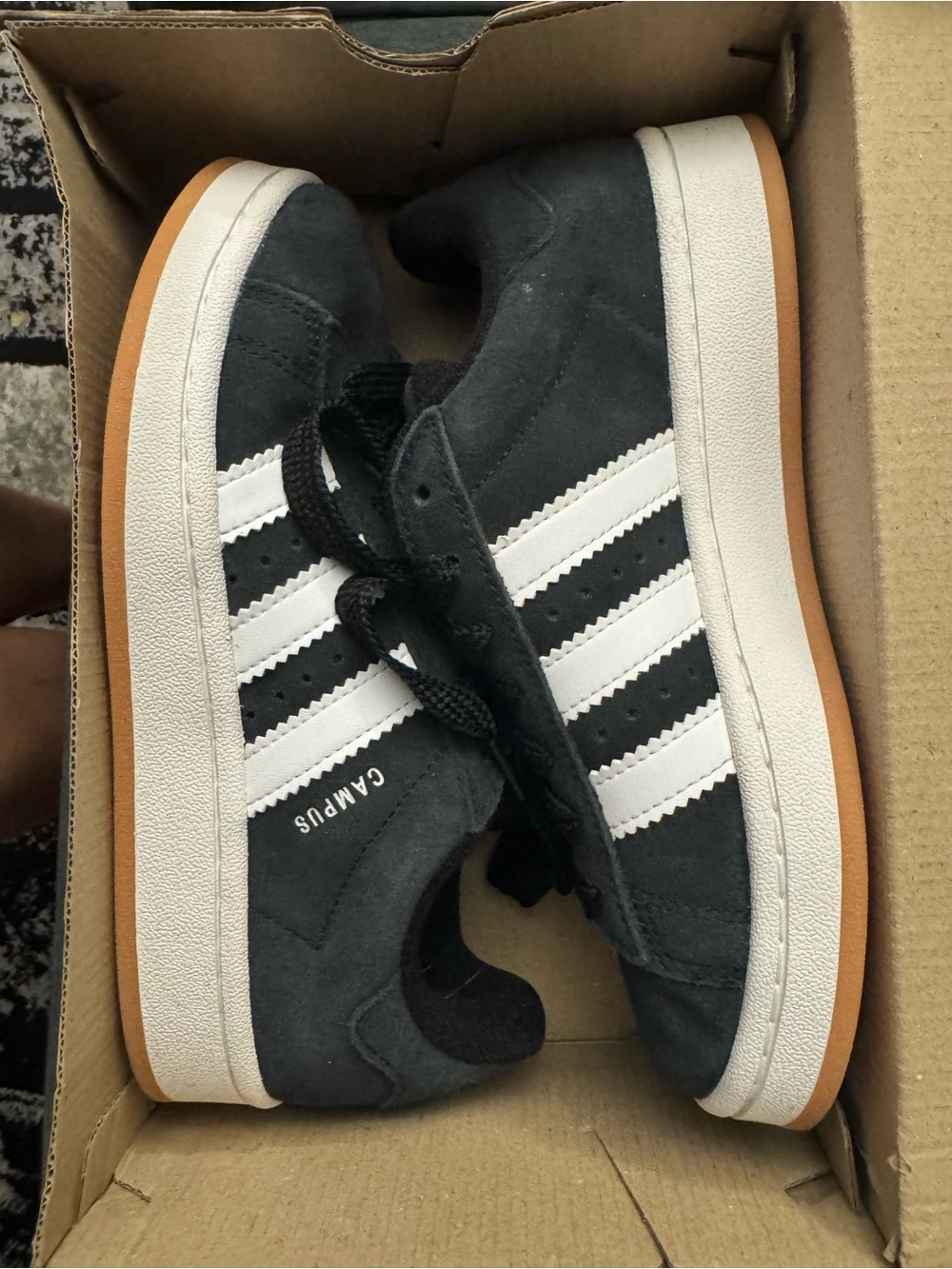 adidas Campus Black Suede Sneakers with White Stripes and Gum Sole